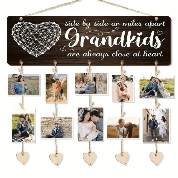 Rustic Wooden Grandkids Photo Display Heart-Shaped Hanging Wall Decor NEW - Picture 1 of 4